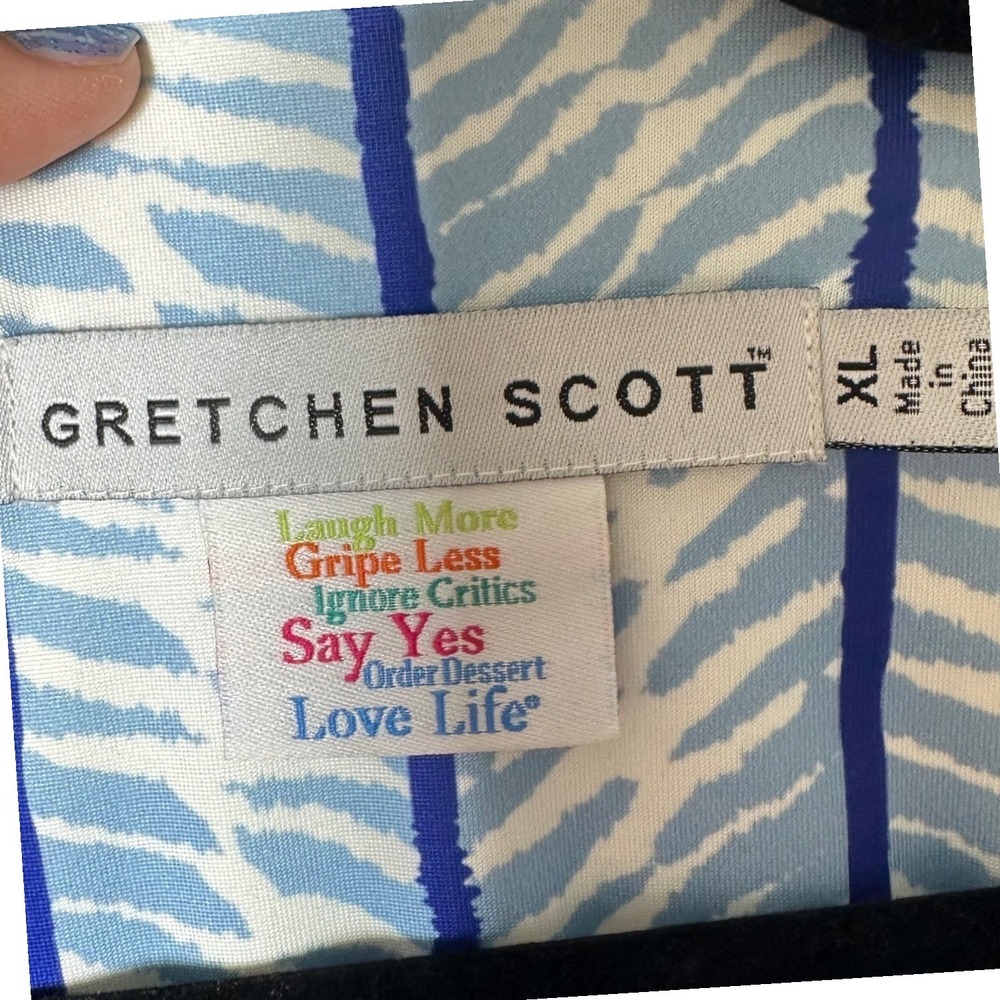 Gretchen Scott Blue White Print V-Neck Shift Dress XL Knit Resort Preppy Midi - Picture 3 of 7